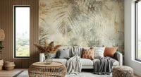 A peaceful botanical pattern mural on decorative wallpaper.