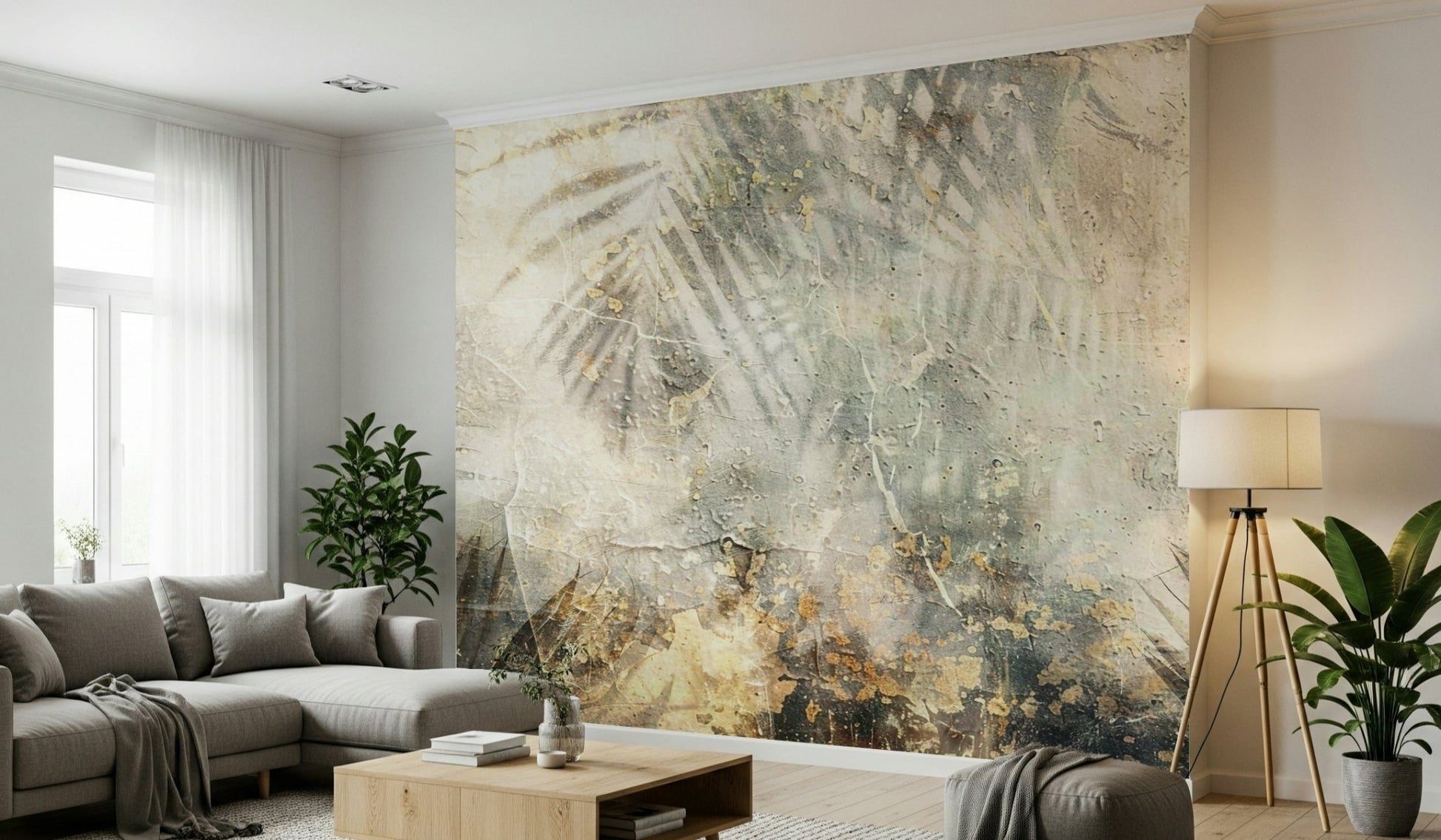 A beautiful tropical grunge wallpaper mural with layered, distressed foliage.