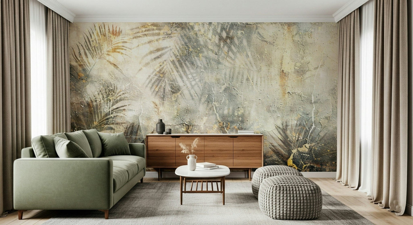 A beautiful modern art wall mural of distressed plant leaves.