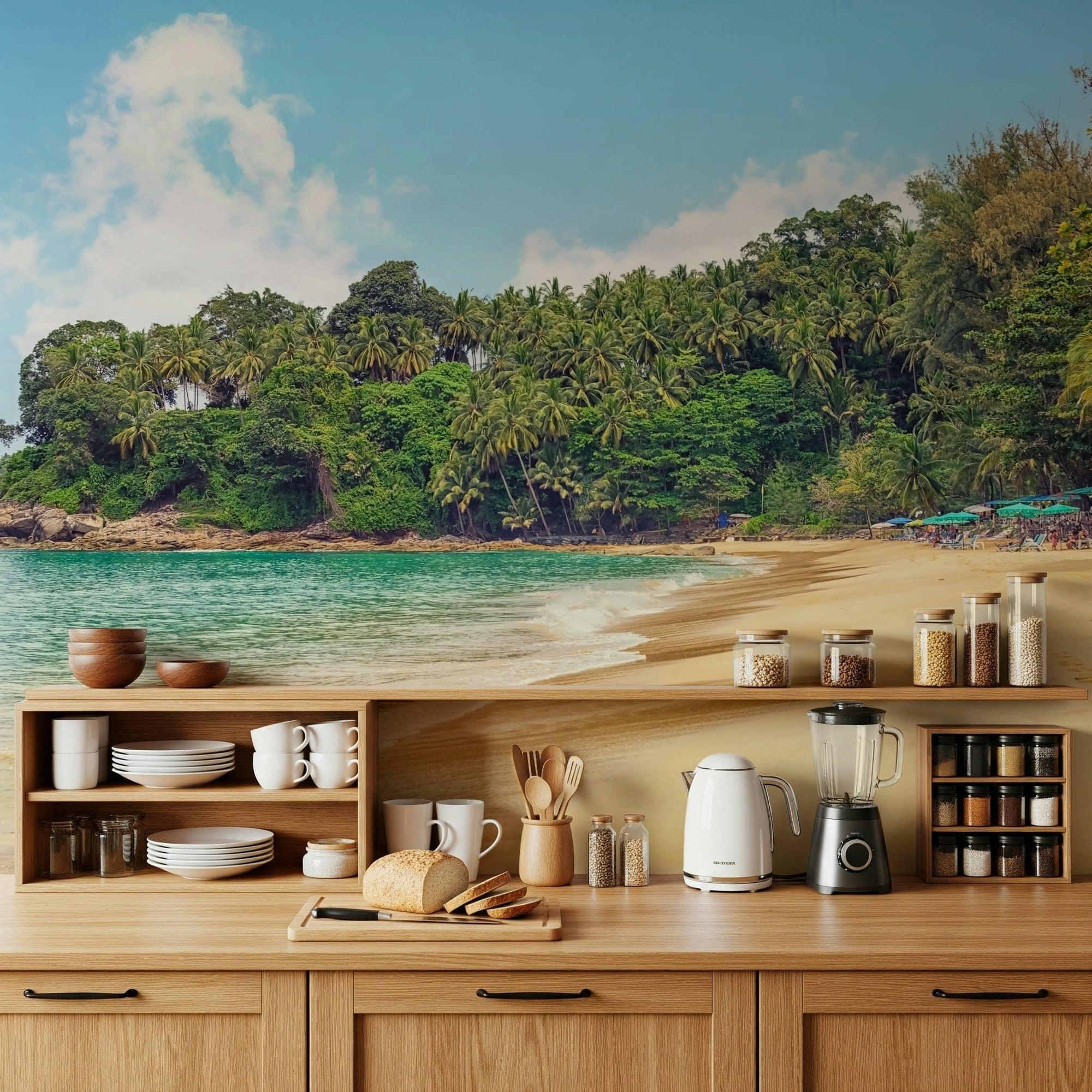 Kitchen styling feels brighter with Tropical Haven Wall Mural and a sunlit beach view, GD7971