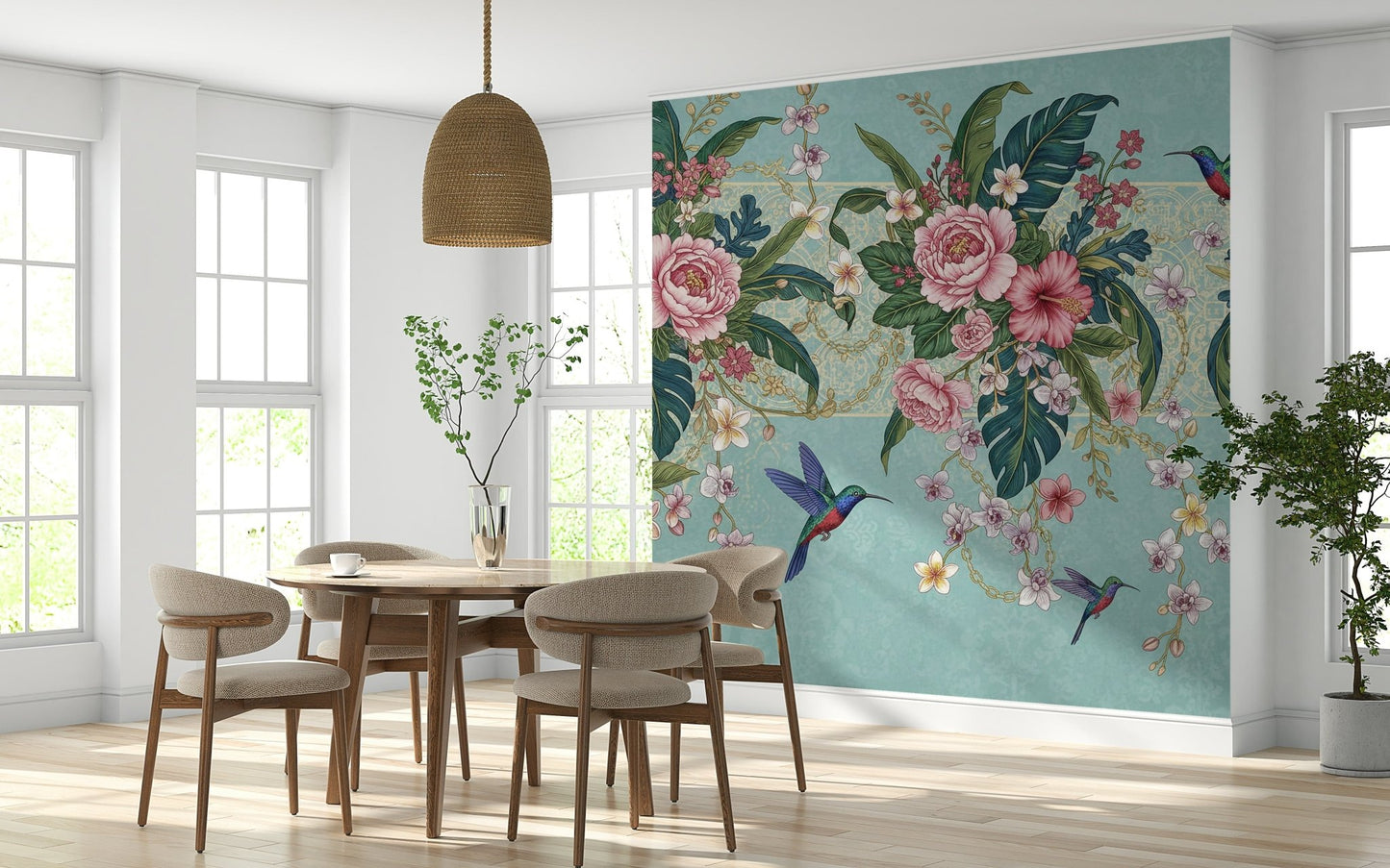 Exotic bird and blossom wall mural for a modern office space