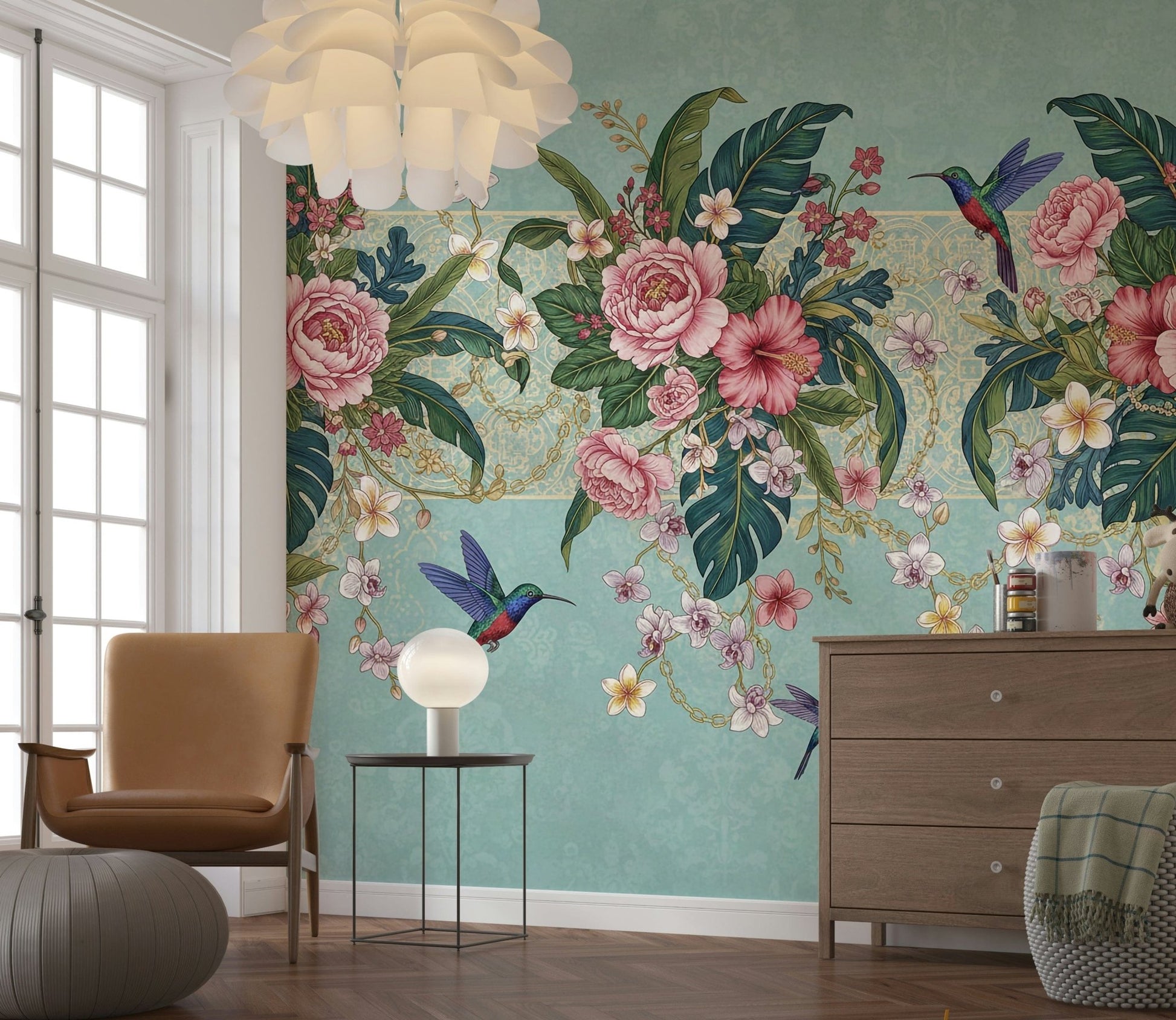 Bright tropical garden wall mural for a serene nursery wallpaper mural