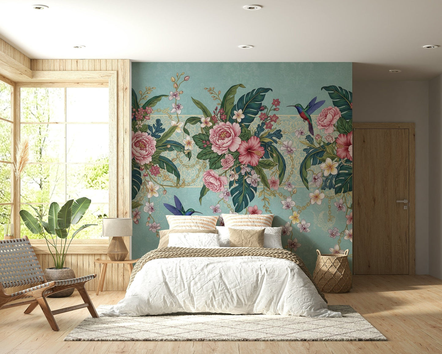 Jungle style hummingbird wallpaper mural for a creative workspace
