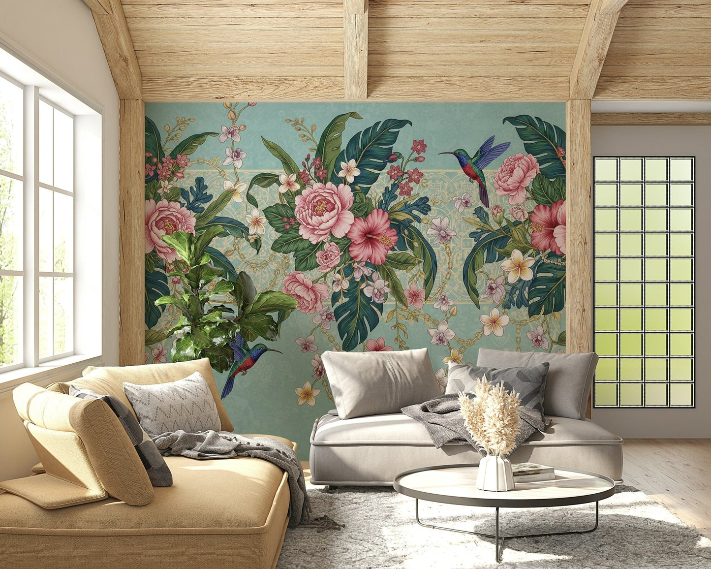 Botanical hummingbirds and flowers wallpaper mural in a minimalist lounge