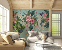 Botanical hummingbirds and flowers wallpaper mural in a minimalist lounge