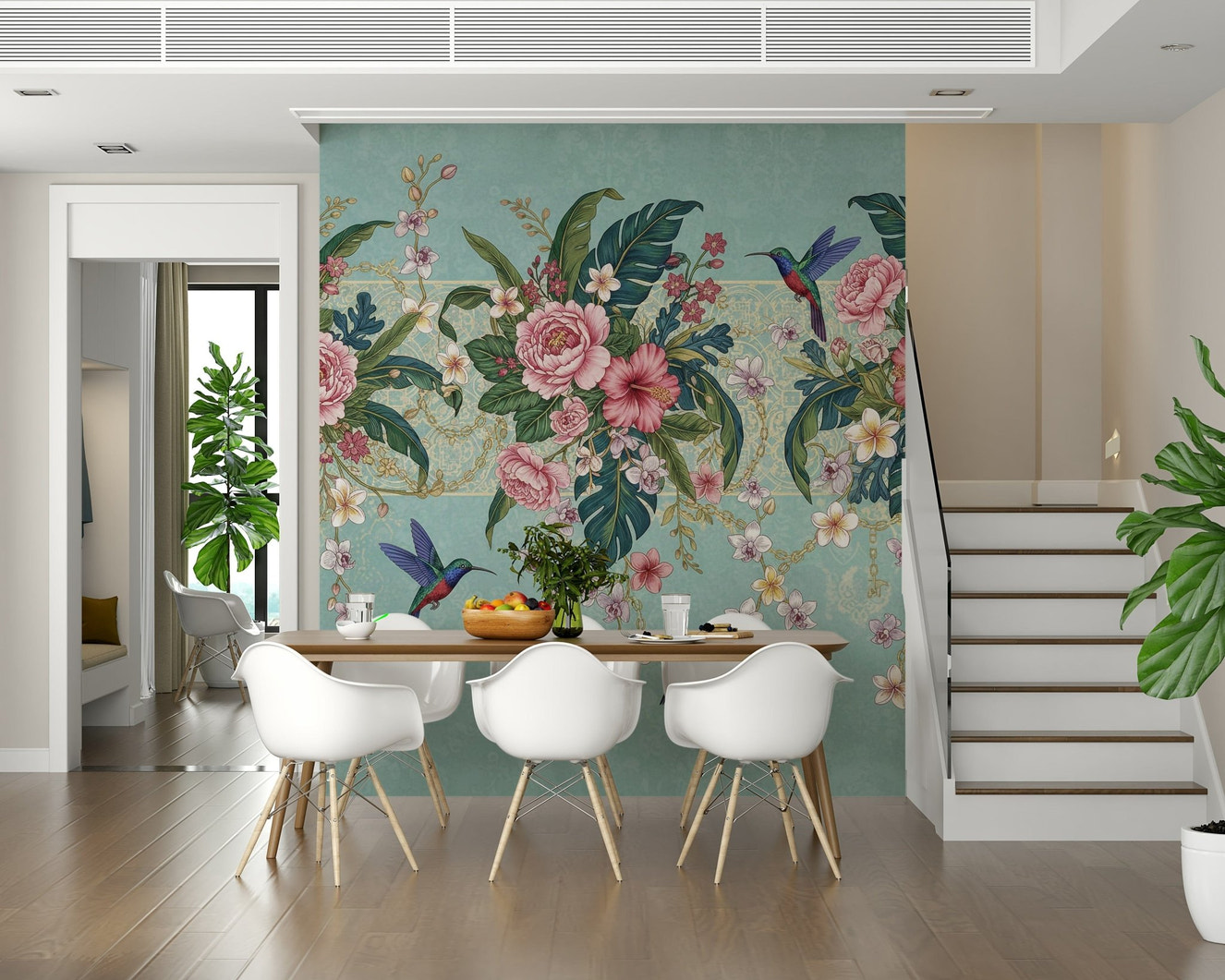 Tropical Hummingbird Bloom Wall Mural in a bright living room wallpaper mural