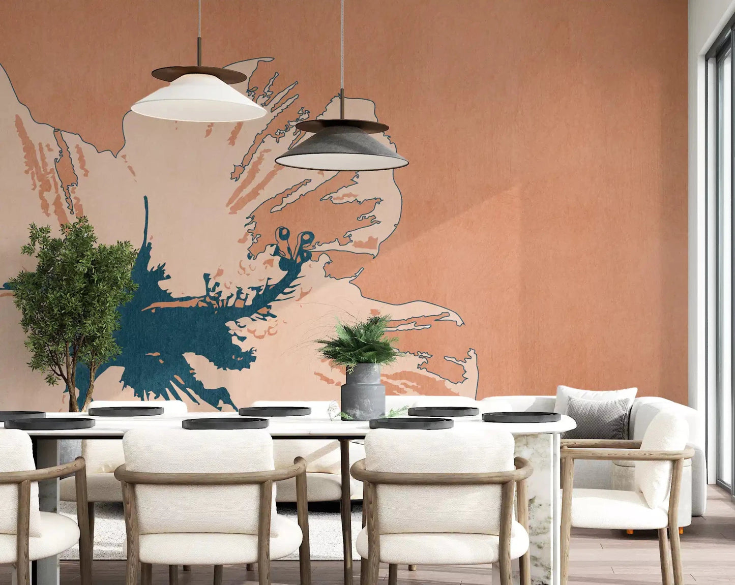 Oversized flower wall mural with peach background and dark botanical contrast