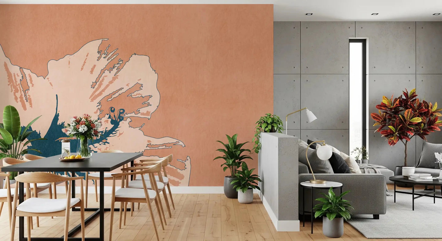 Bold ink center highlights Tropical Ink Flower wall mural in a hallway space