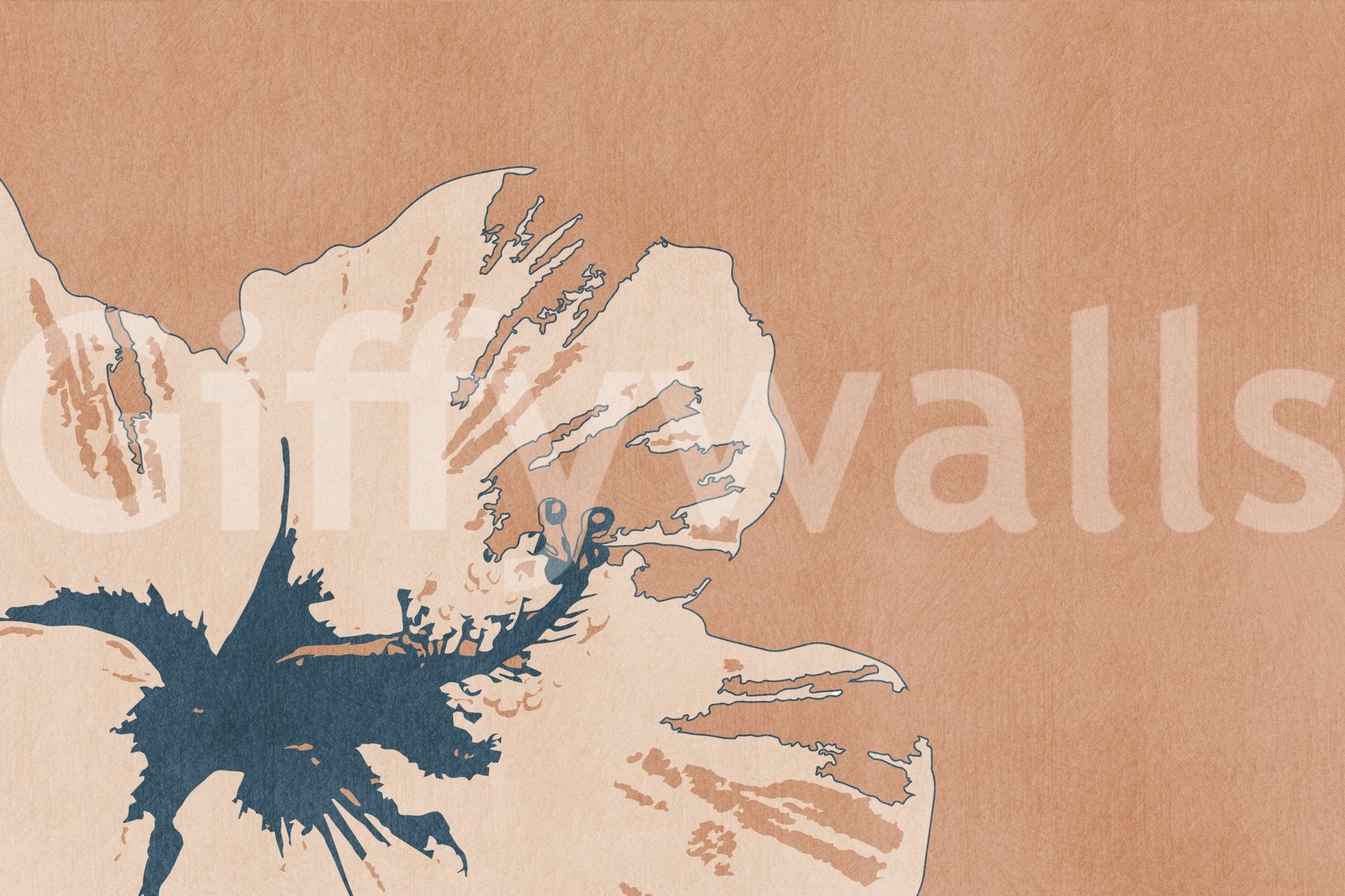 Ink-detailed blossom wall mural with peach tones and balanced open layout