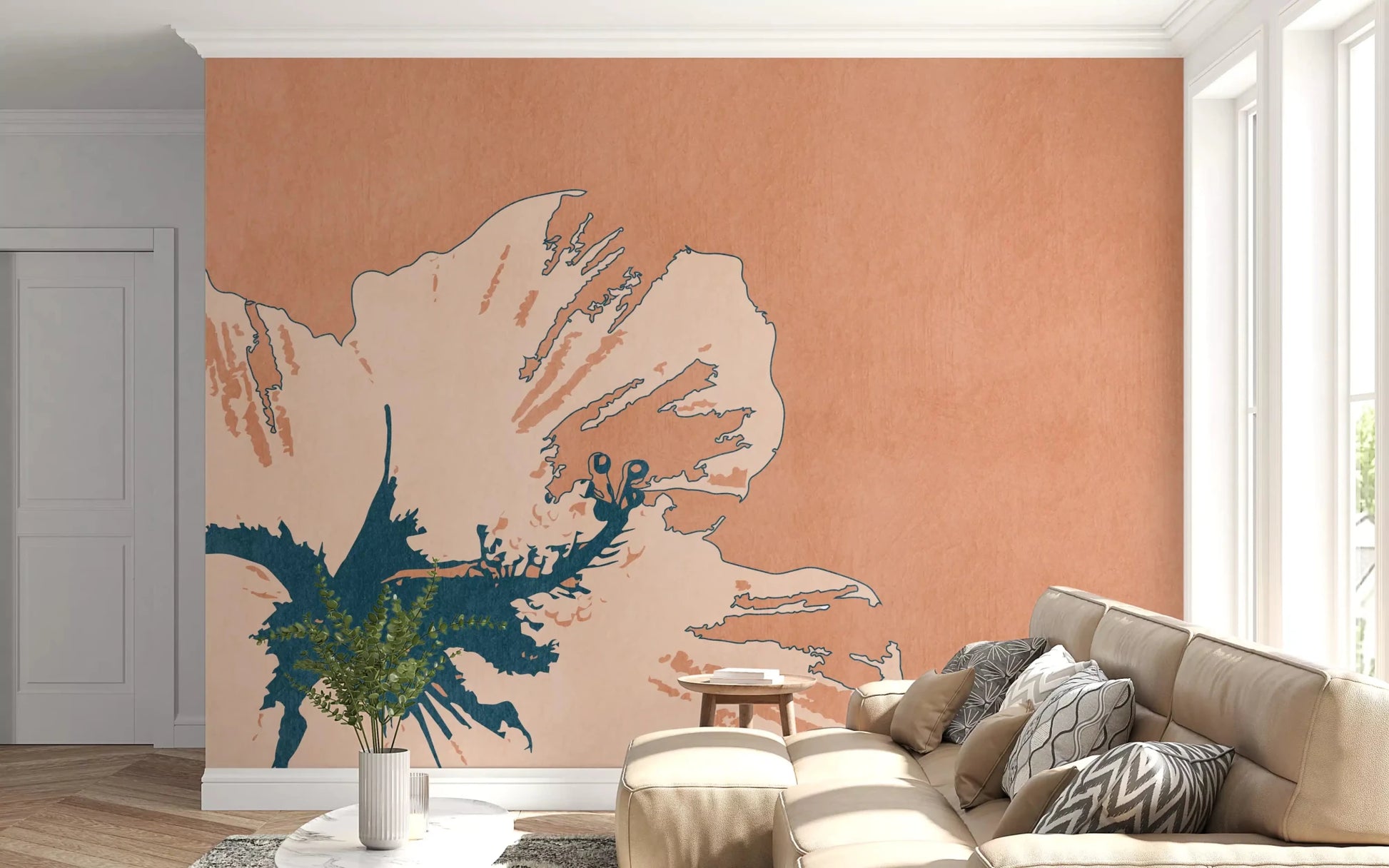 Peach-toned botanical Flower wall mural with large bloom detail and airy spacing