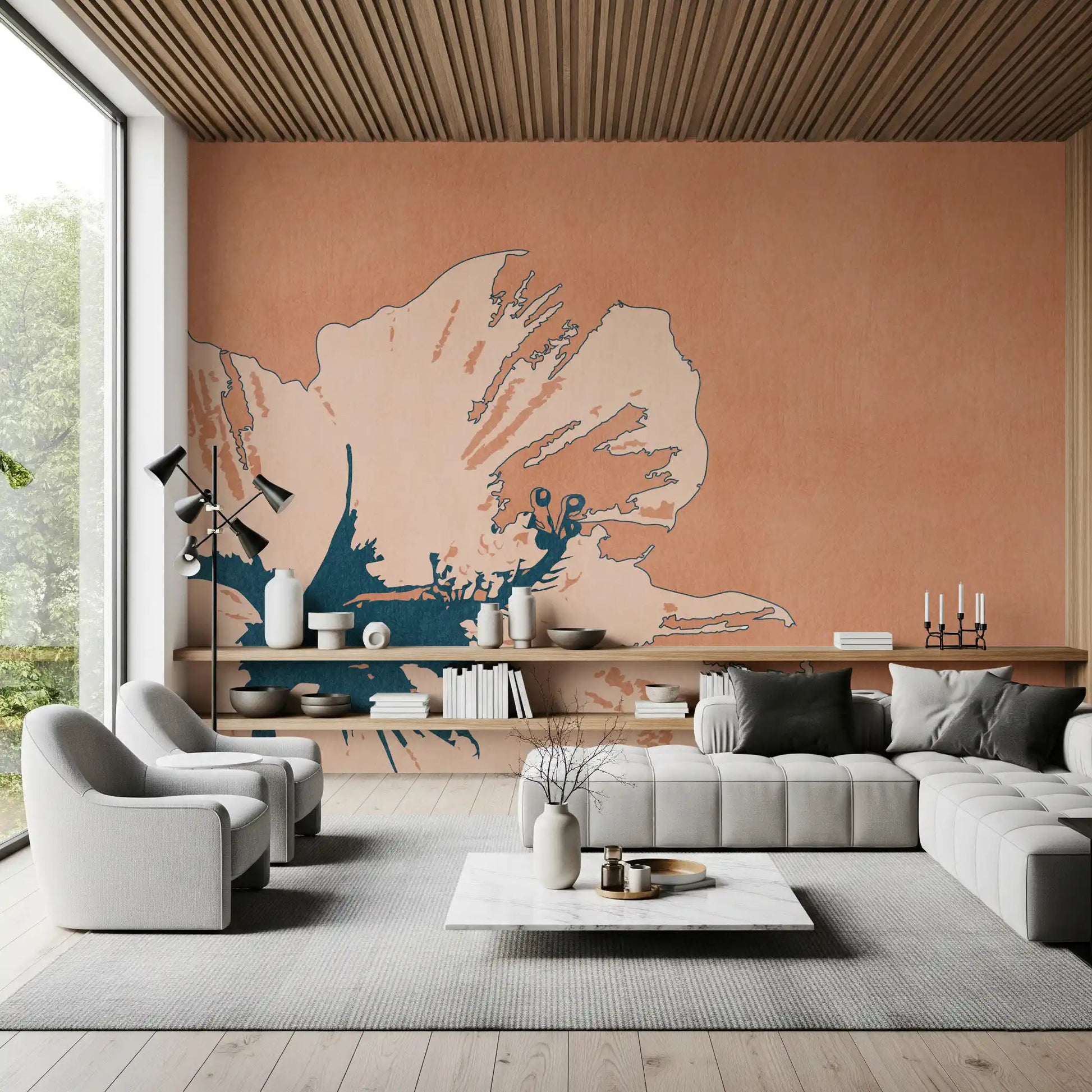 Large Tropical Ink Flower wall mural in a living room with peach floral tones