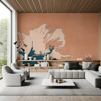Large Tropical Ink Flower wall mural in a living room with peach floral tones