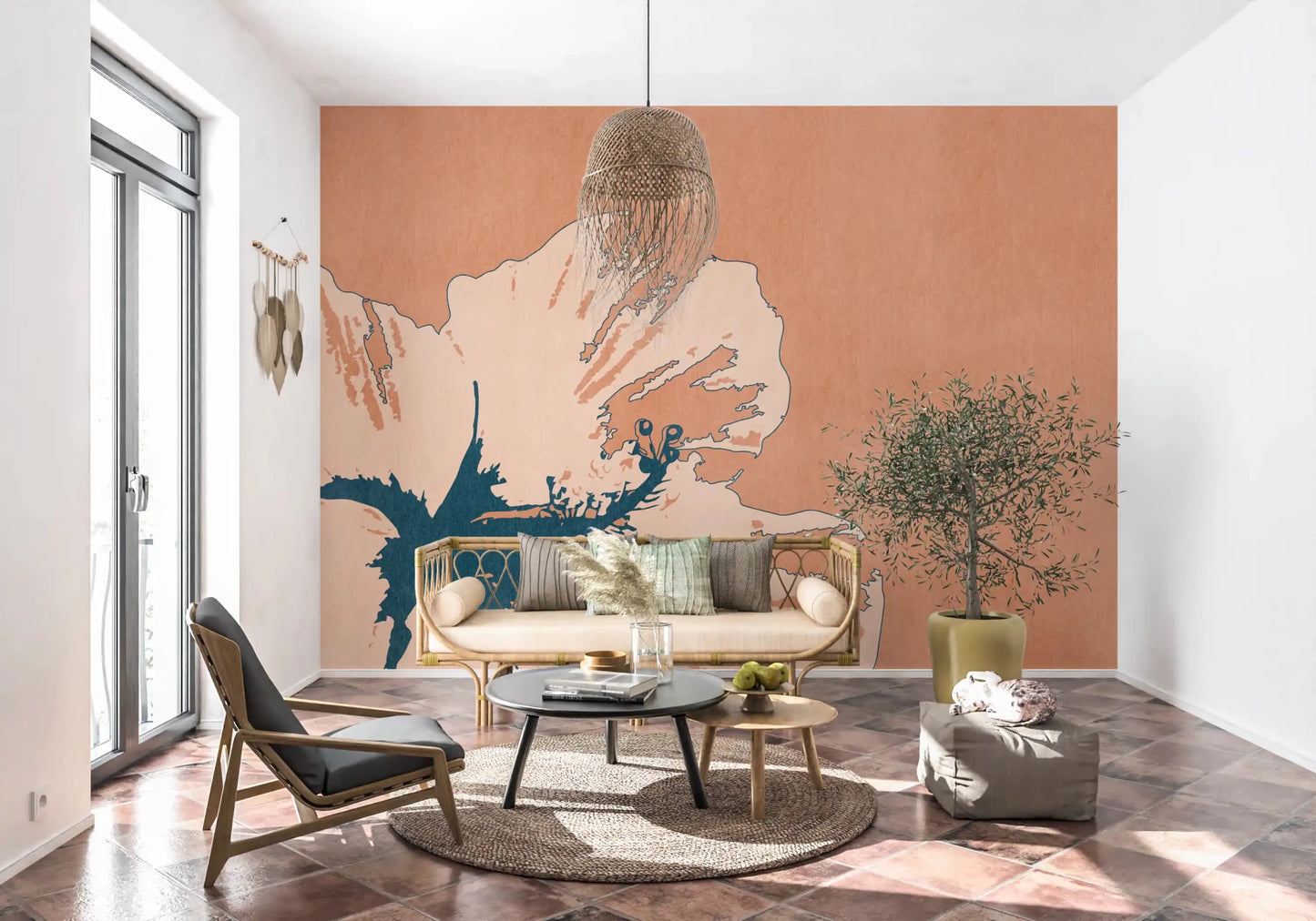 Warm tropical flower wall mural with oversized bloom and clean contrast