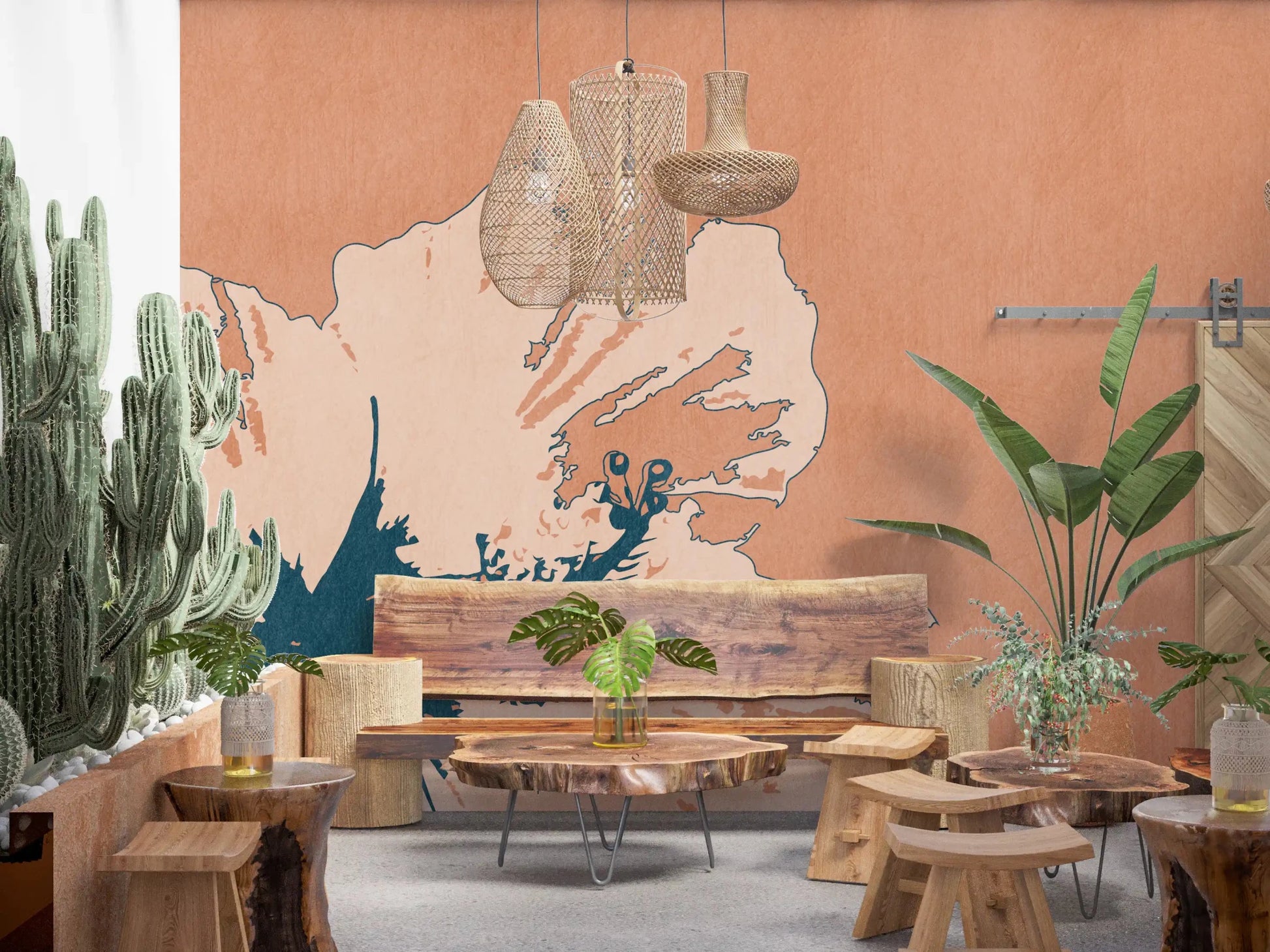 Cream petal wall mural with ink-style floral center and soft warm surface