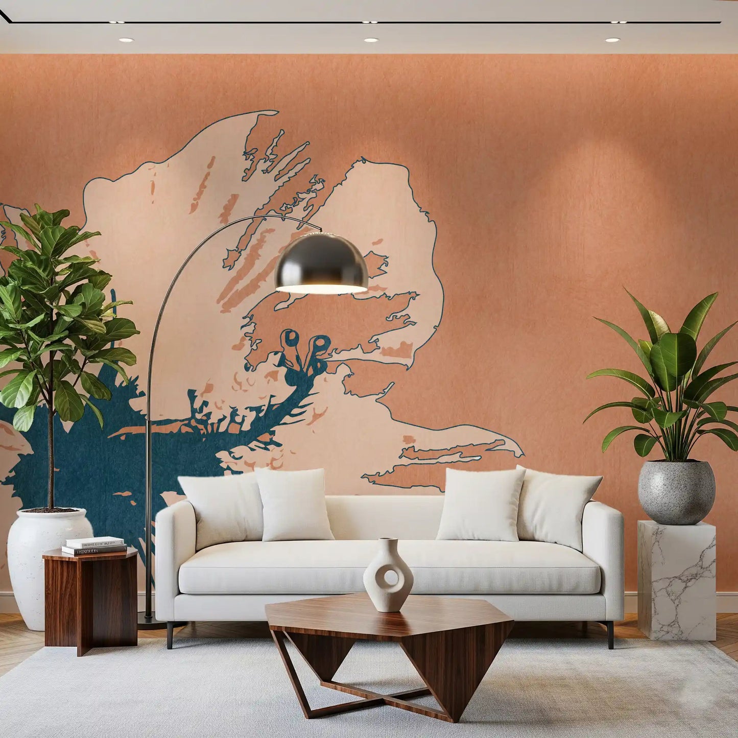 Warm peach Tropical Ink Flower wall mural brings floral focus to an office