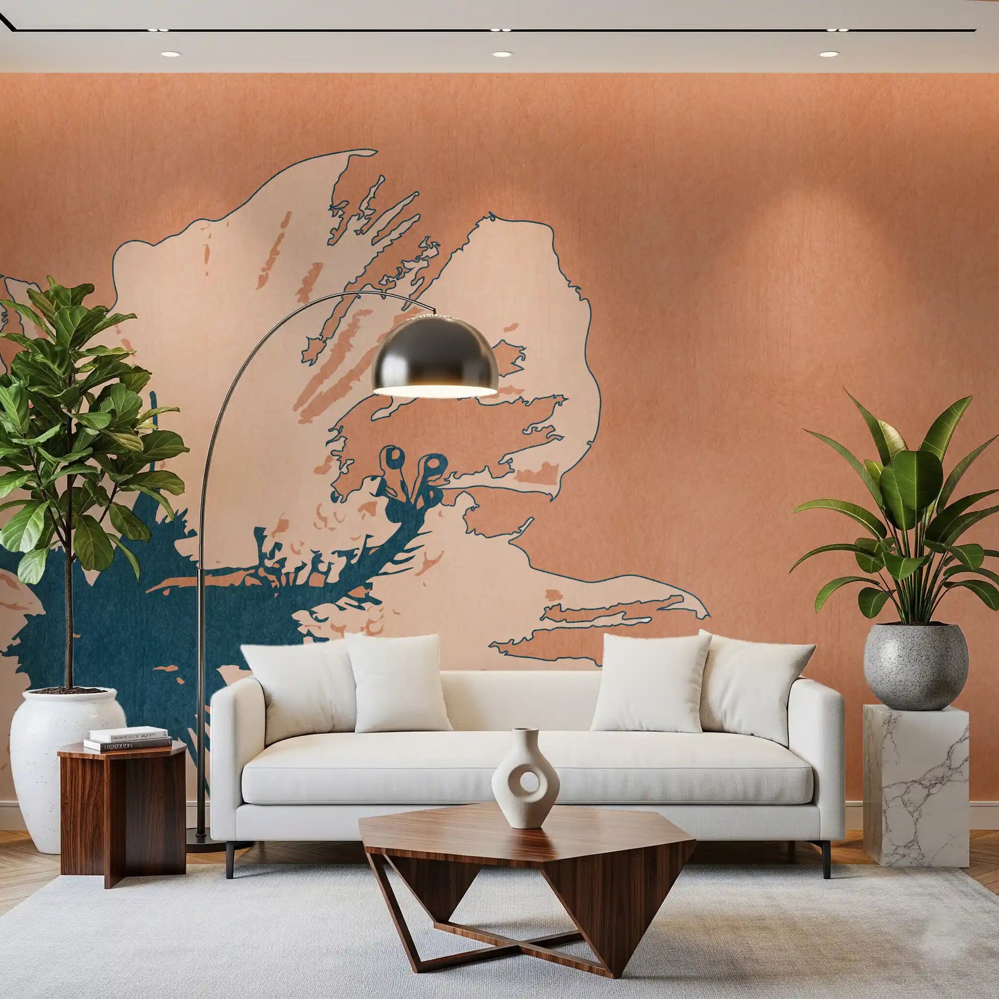 Warm peach Tropical Ink Flower wall mural brings floral focus to an office