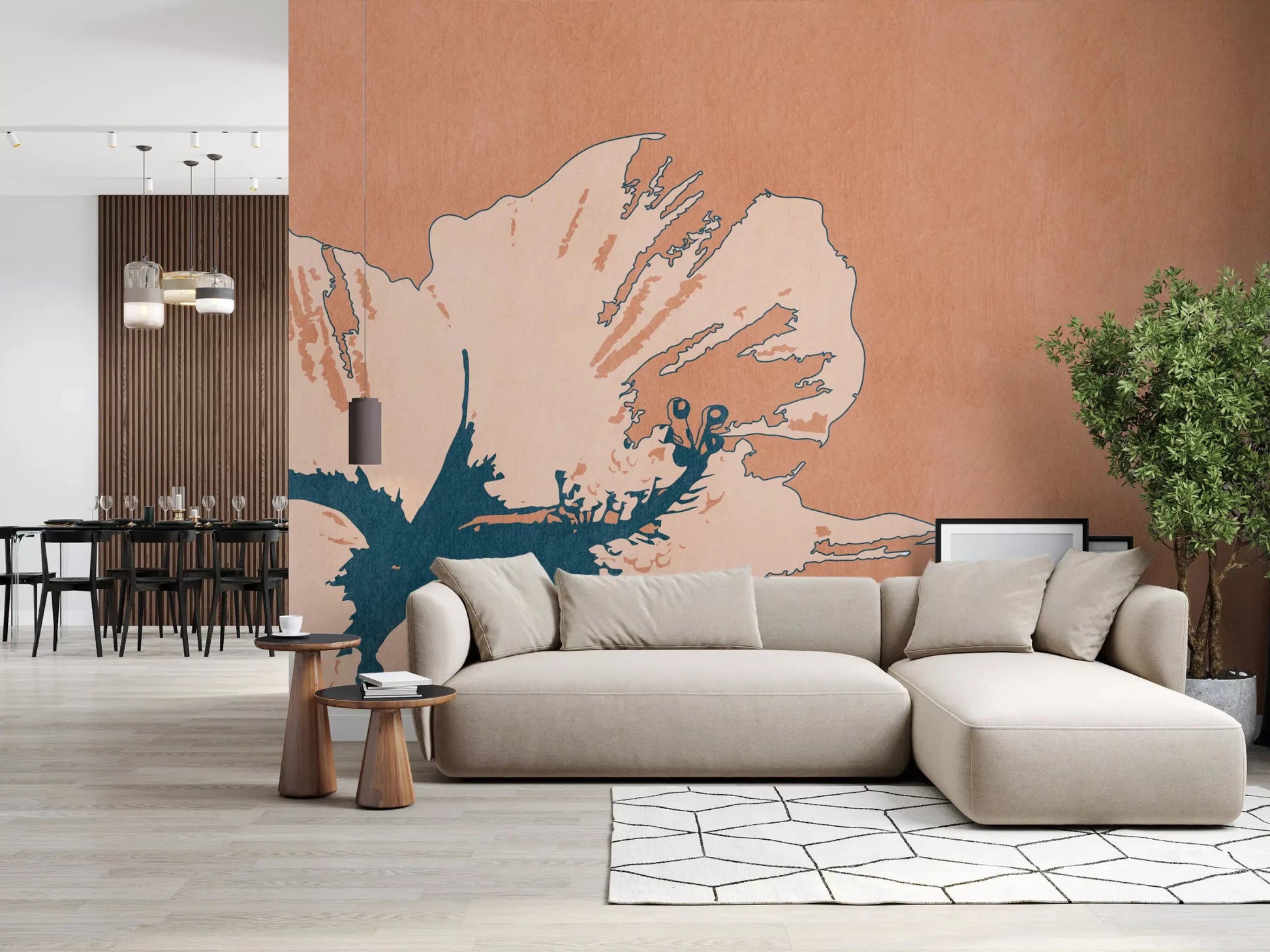 Contemporary flower wall mural with soft petals and strong dark center