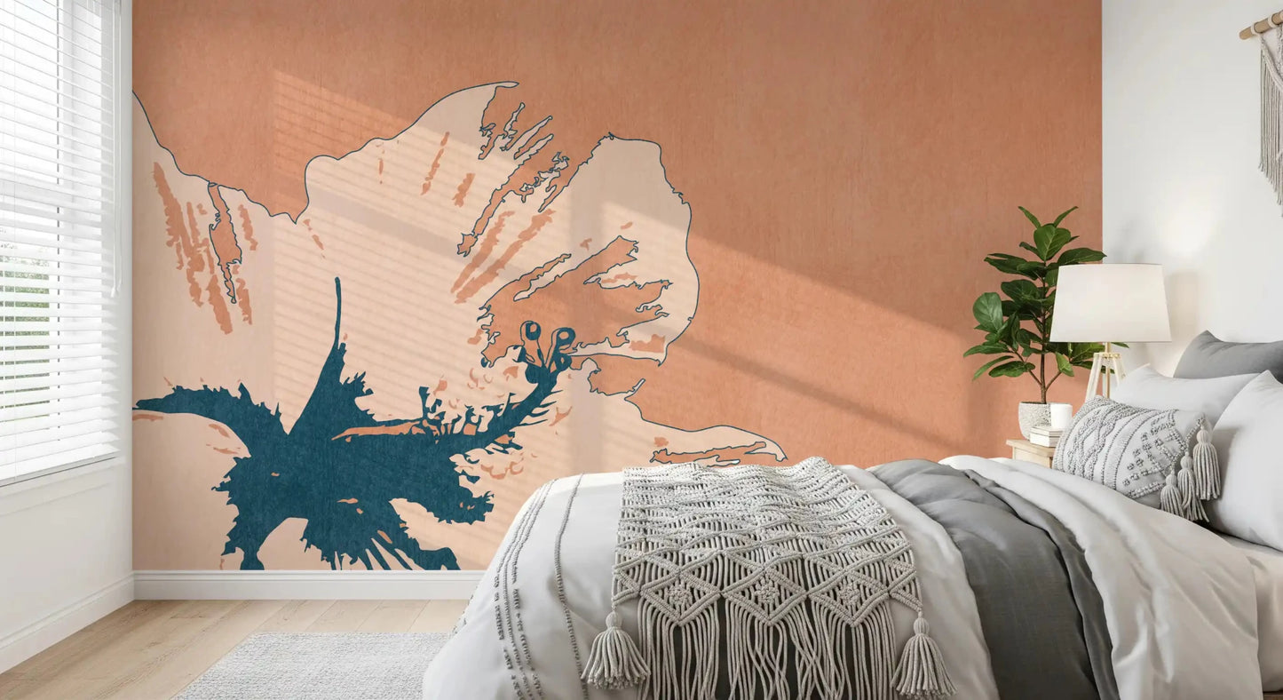 Soft cream petals define Tropical Ink Flower wall mural in a bedroom setting