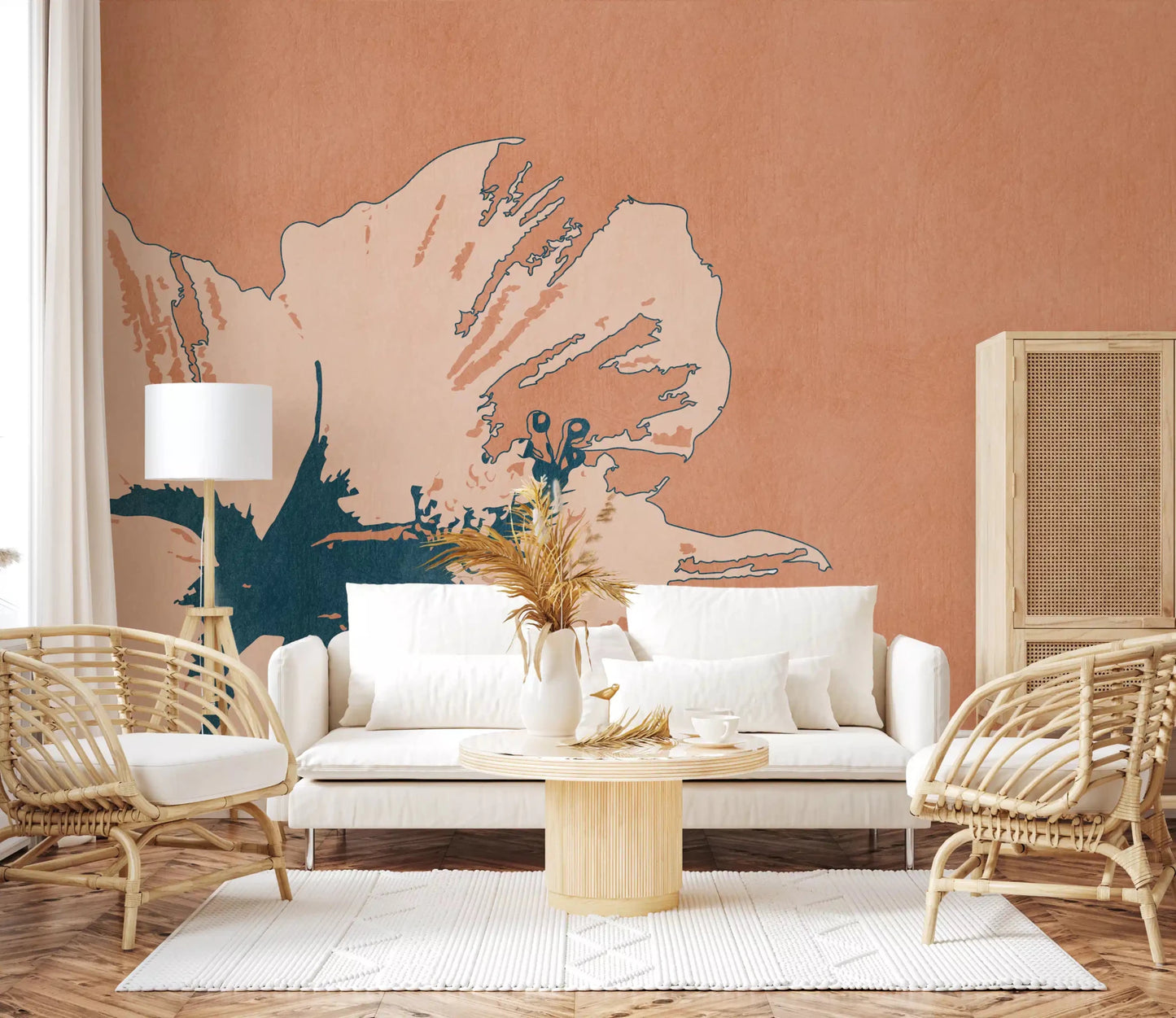 Open floral composition gives this Tropical Ink Flower wall mural a calm look
