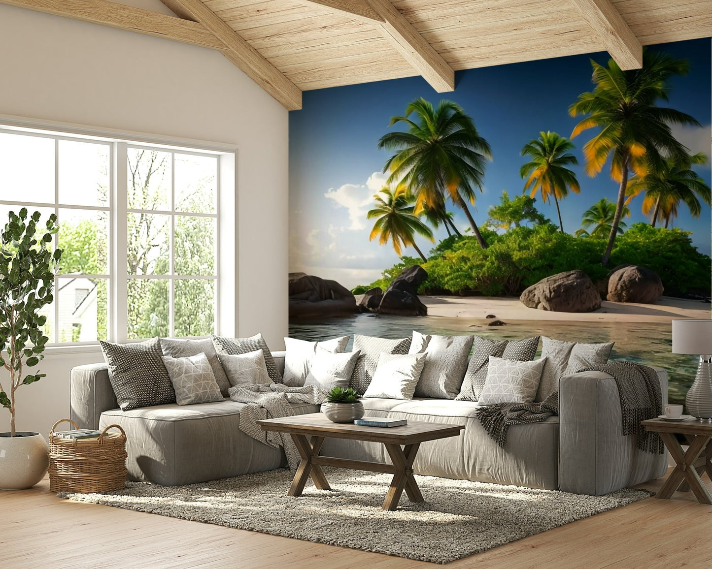 The foreground has soft, white sand.

