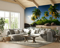 The foreground has soft, white sand.

