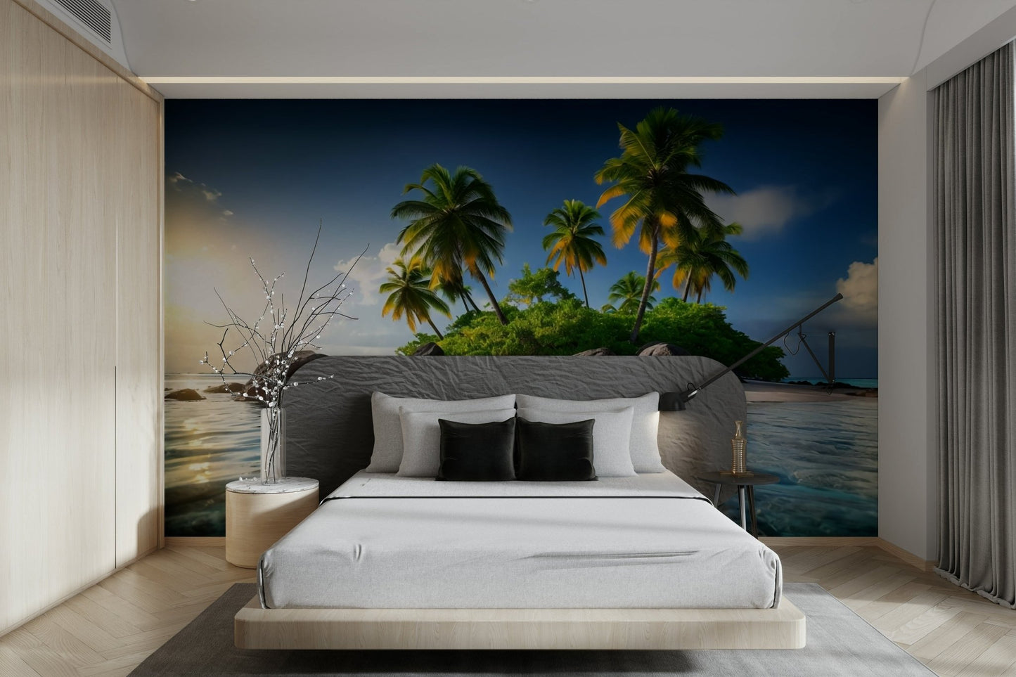 A peaceful wall mural with a tropical island scene.

