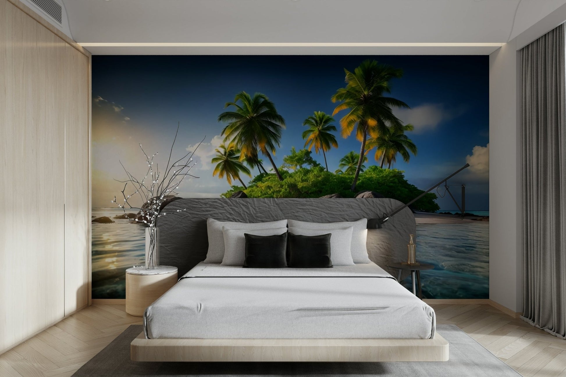 A peaceful wall mural with a tropical island scene.

