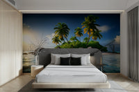 A peaceful wall mural with a tropical island scene.

