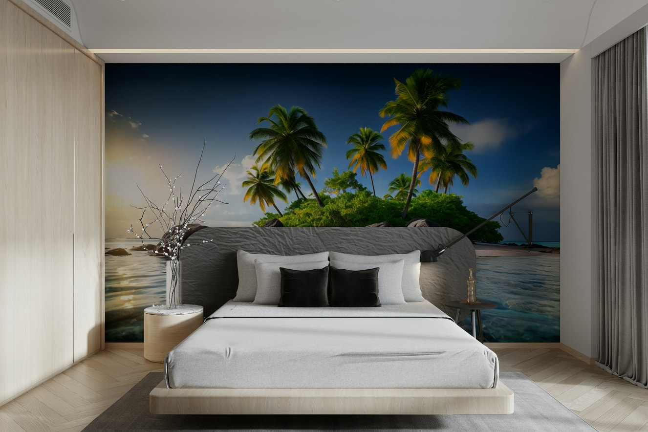 A peaceful wall mural with a tropical island scene.

