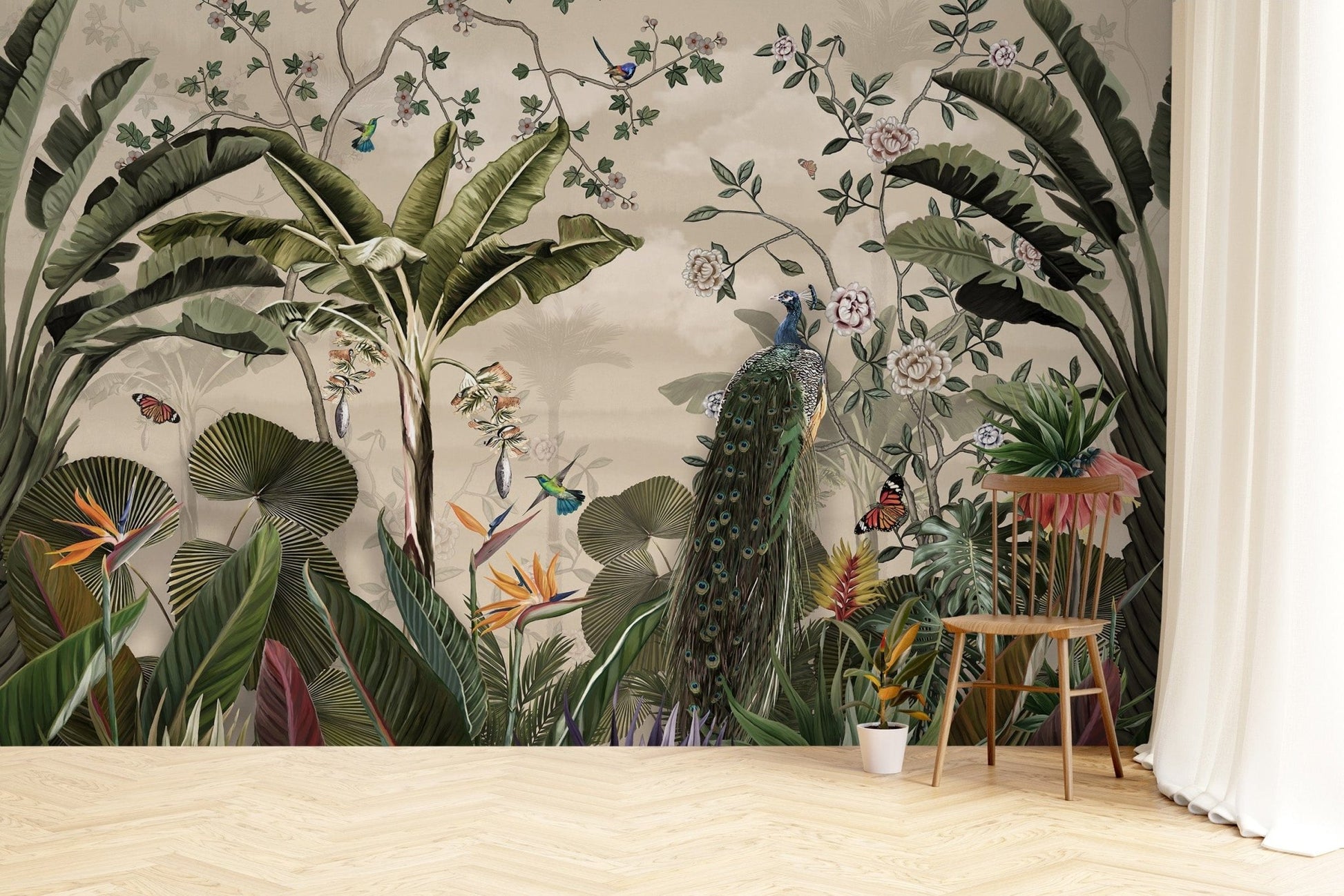 Jungle scene with vibrant birds
