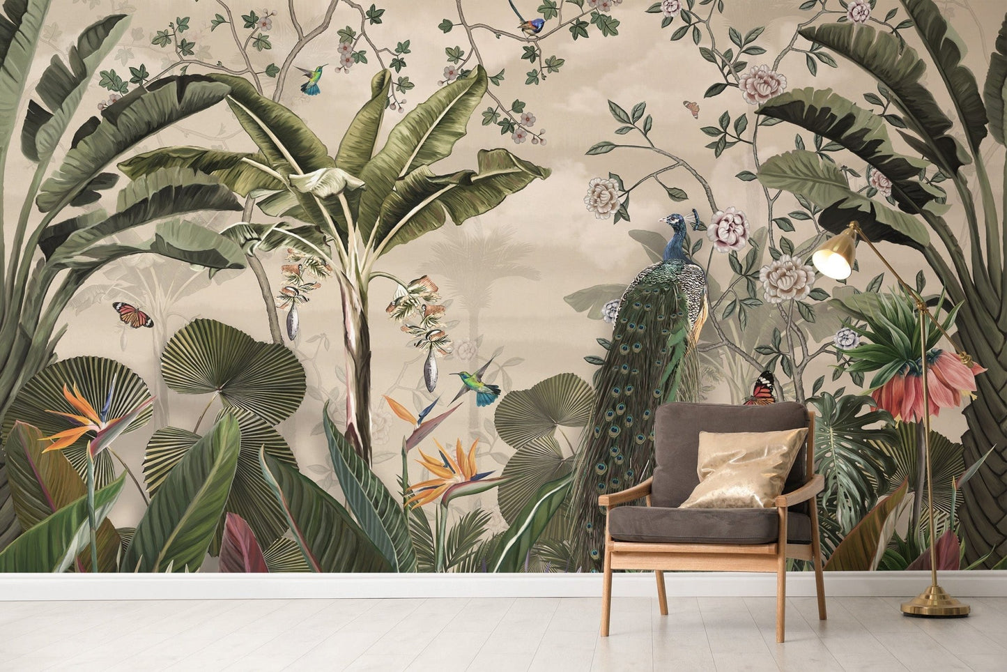 Peacock and flowers jungle mural
