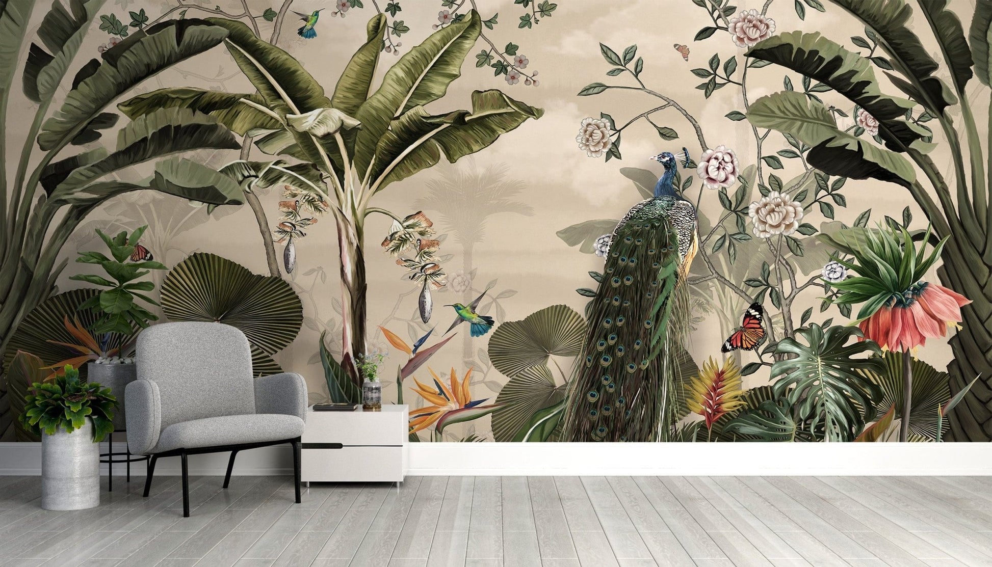 Lush greenery and bird wall mural

