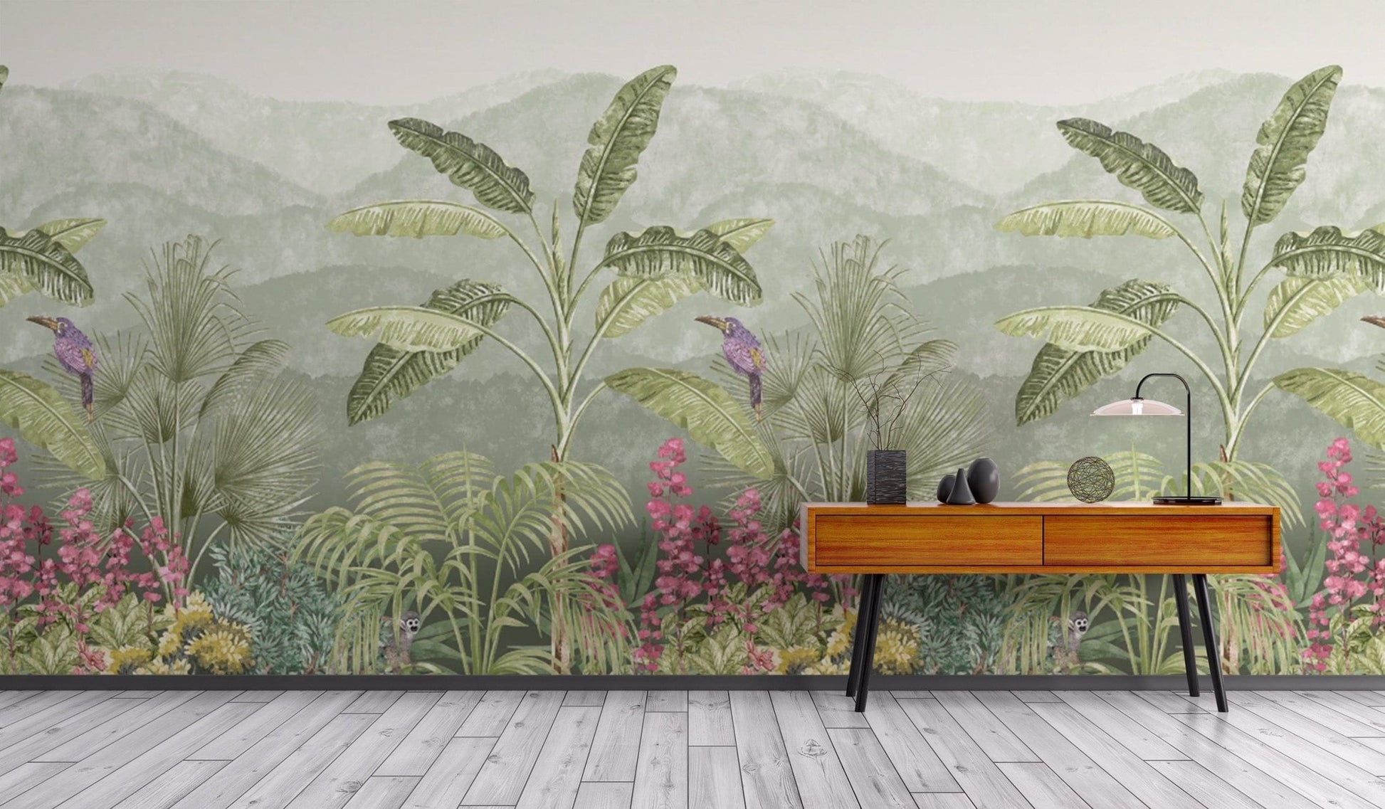 "Palm tree jungle wallpaper in soft greens"
 D244
