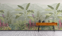 "Palm tree jungle wallpaper in soft greens"
 D244