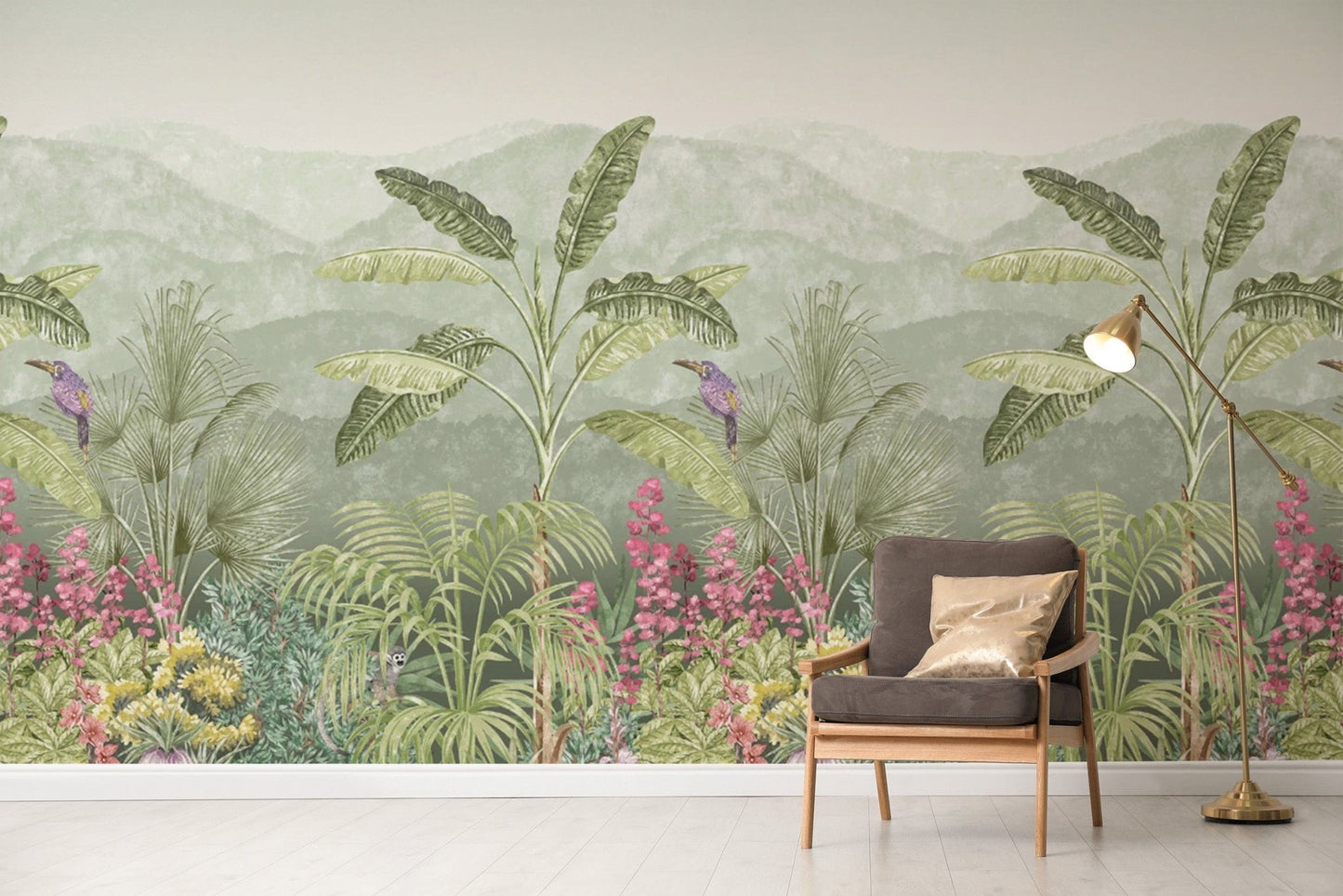 "Jungle wallpaper with birds and palm trees" D244
