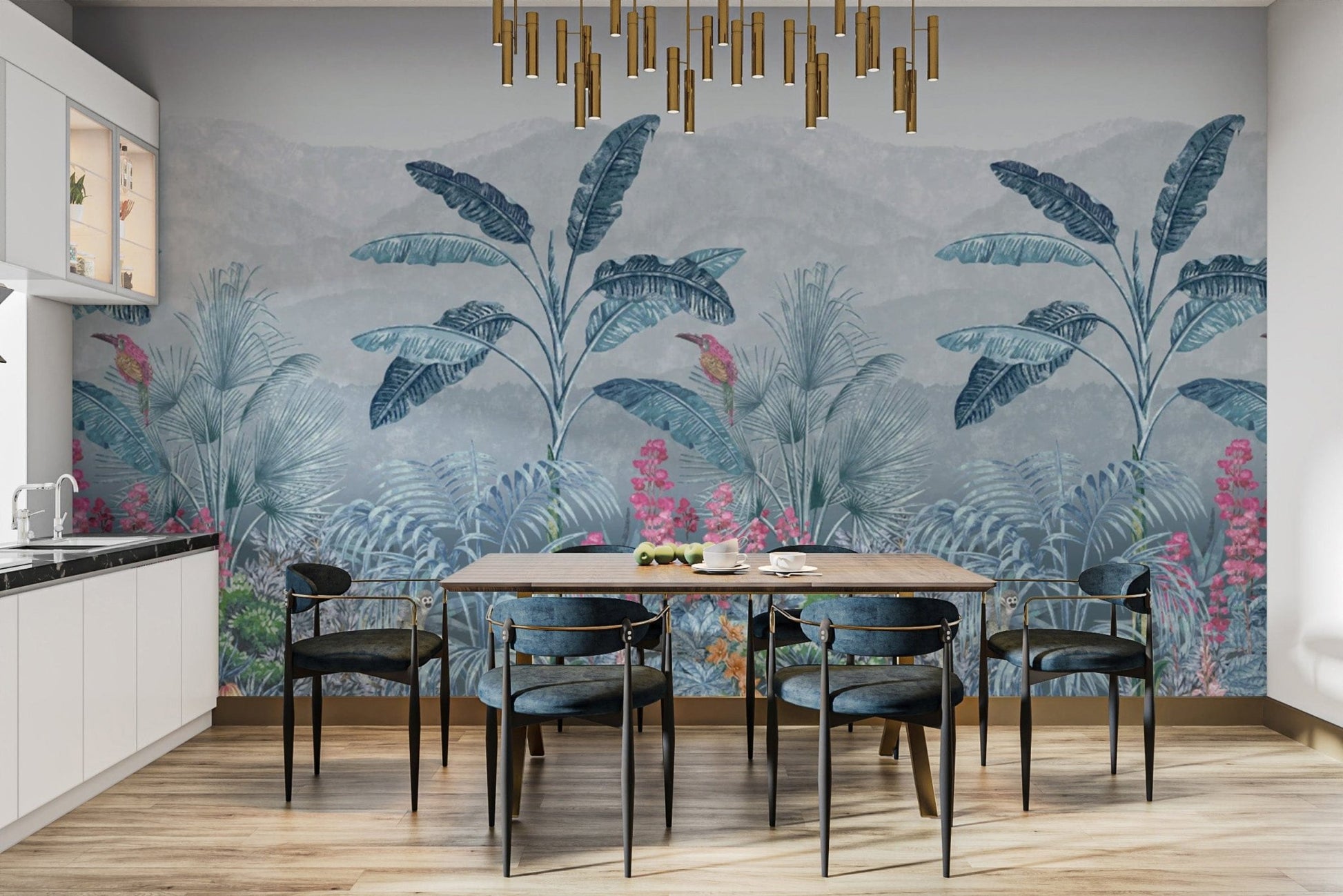 Layered tropical wallpaper with foliage

