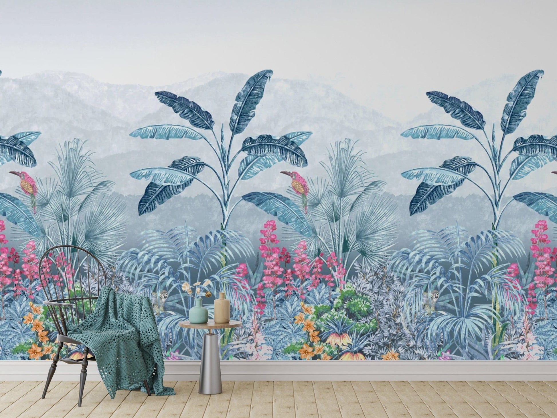 Botanical jungle mural with wildflowers
