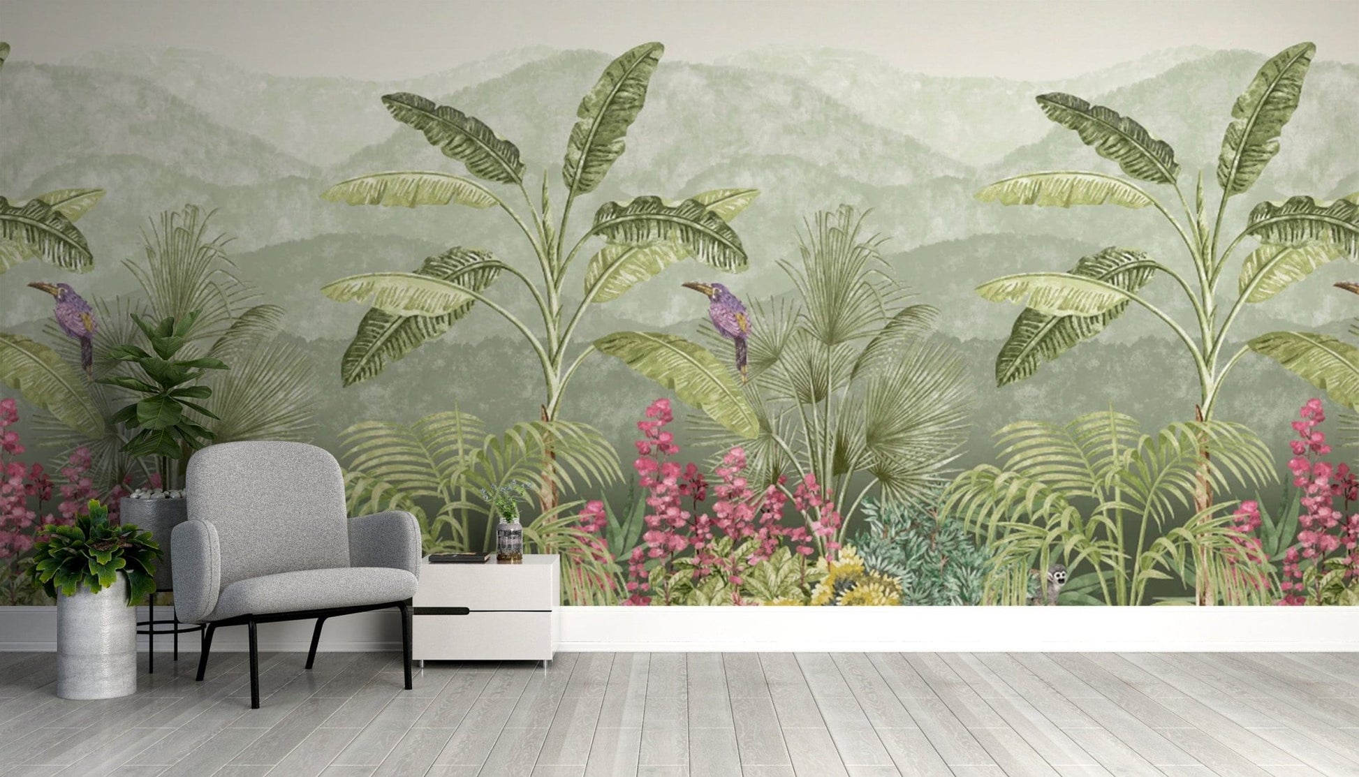"Green jungle wallpaper with layered leaves" D244
