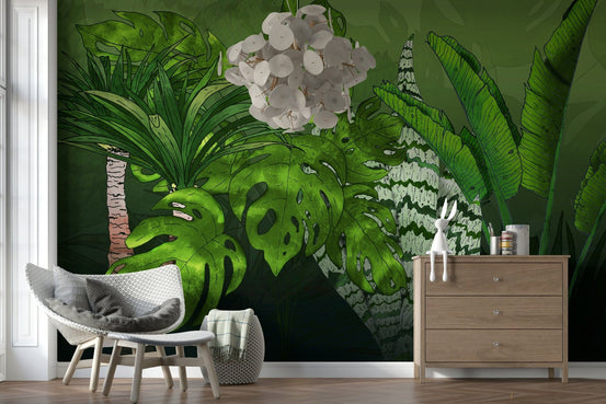 Tropical Jungle Garden Wall Mural with lush green foliage GD7357
