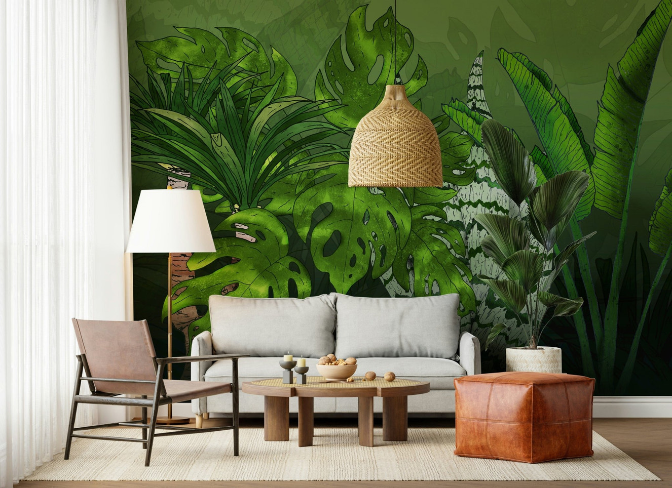 Dense thicket of greenery fills Tropical Jungle Garden mural.