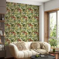 Interior wall with tropical wallpaper design

