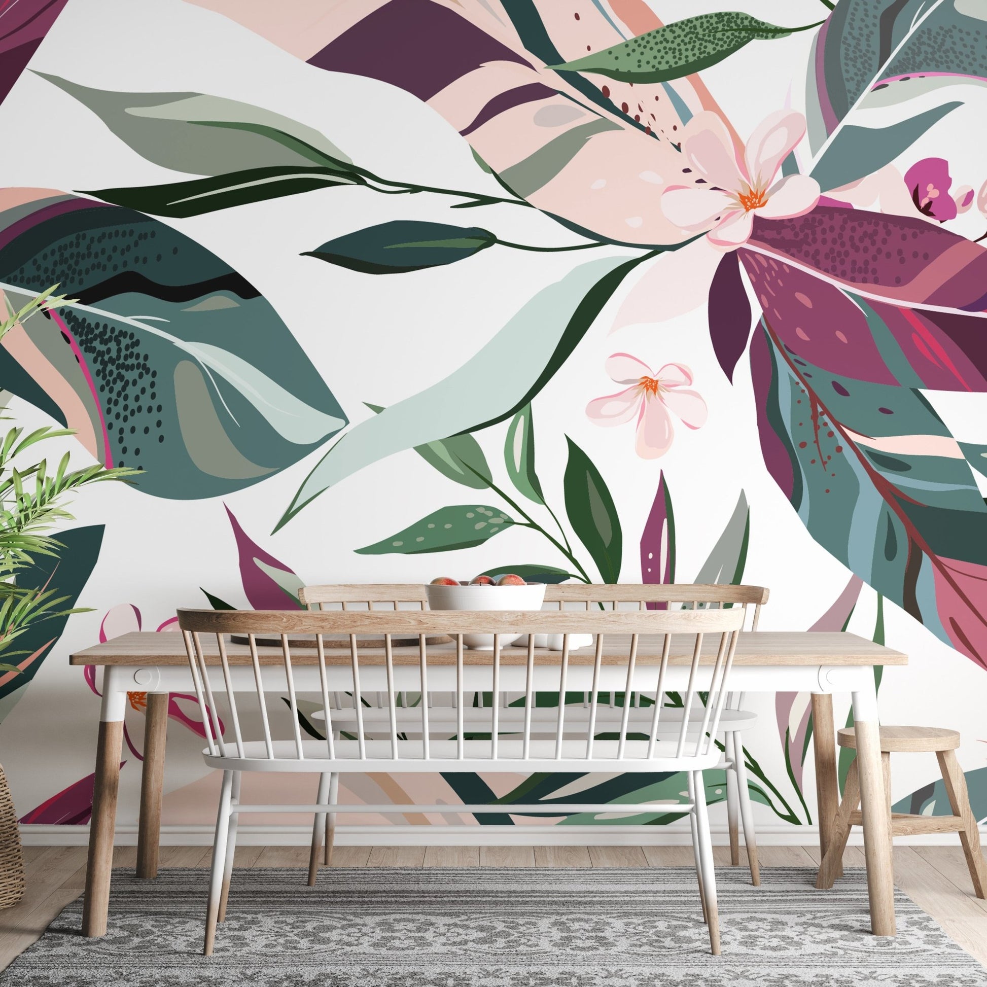 Hand-Painted Tropical Leaflets Wallpaper Mural A600