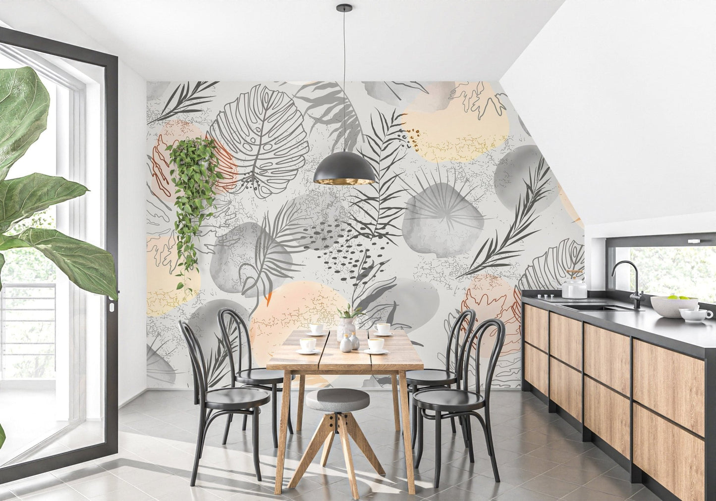 Contemporary tropical mural featuring abstract palm leaves. A736