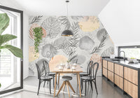 Contemporary tropical mural featuring abstract palm leaves. A736