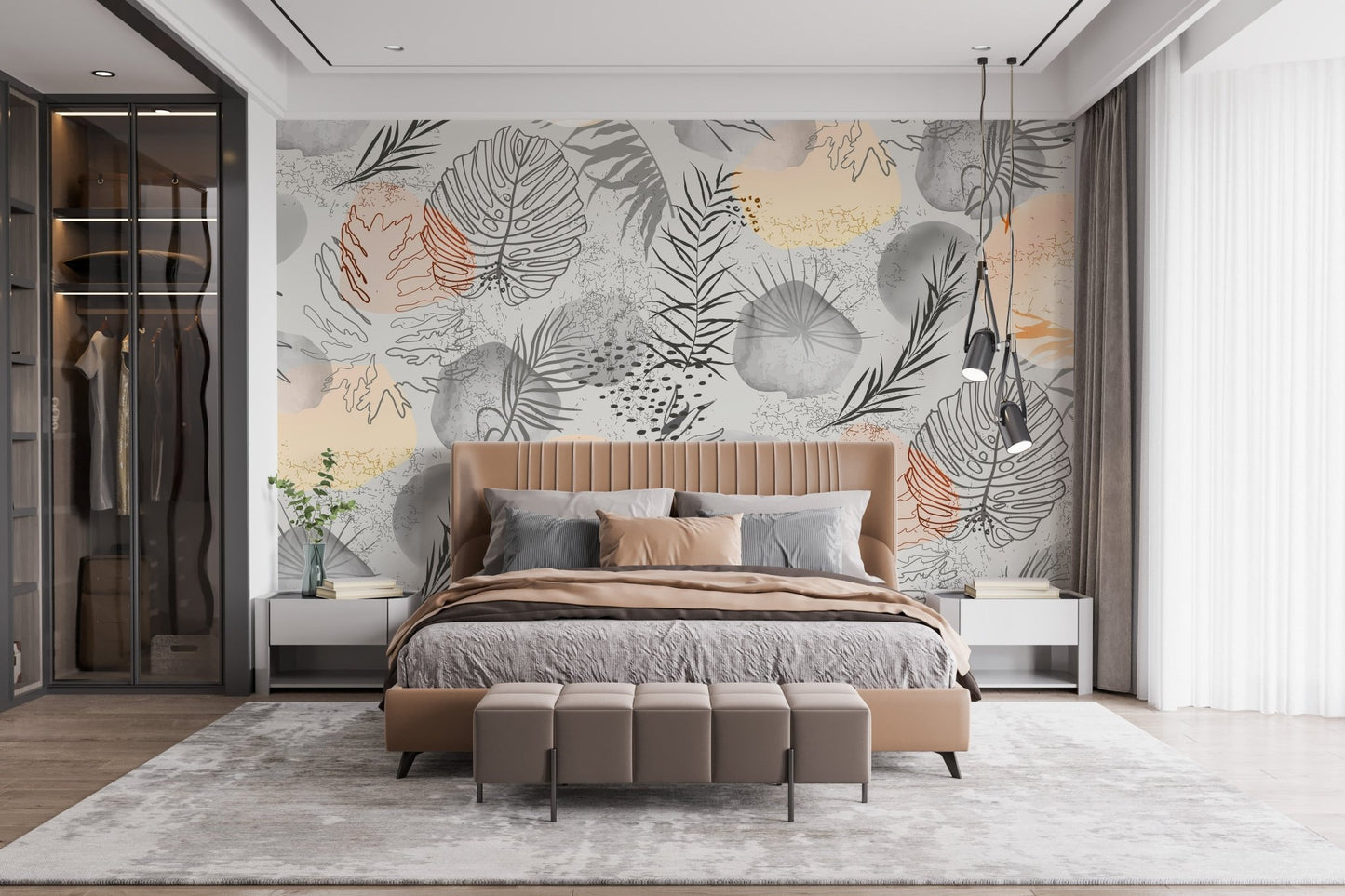 Neutral botanical wallpaper with tropical palm accents. A736