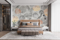 Neutral botanical wallpaper with tropical palm accents. A736
