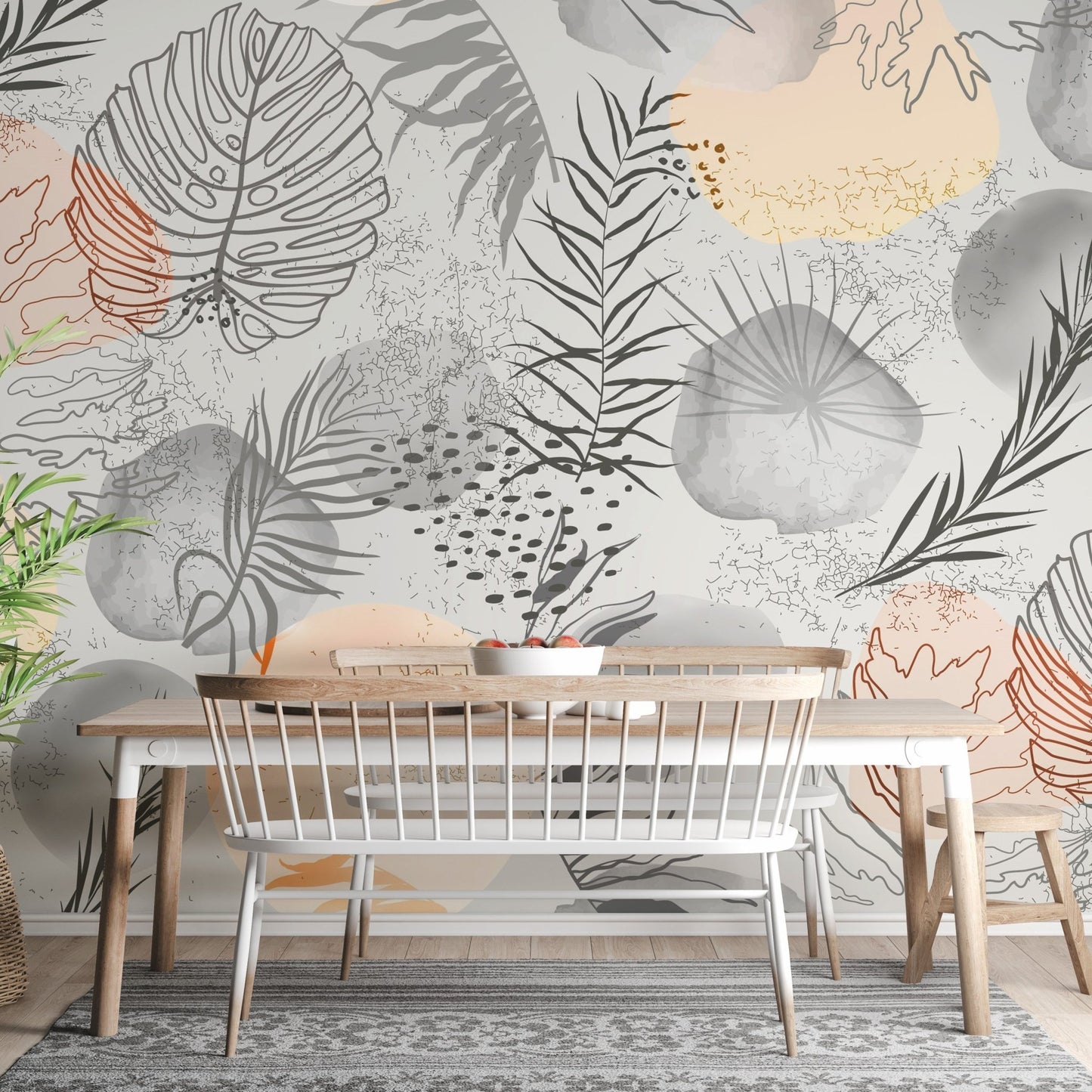 Palm tropical leaves mural in neutral and abstract patterns. A736