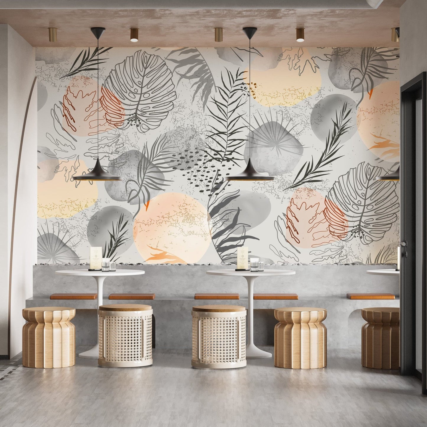Tropical botanical wallpaper mural with soft neutral tones. A736