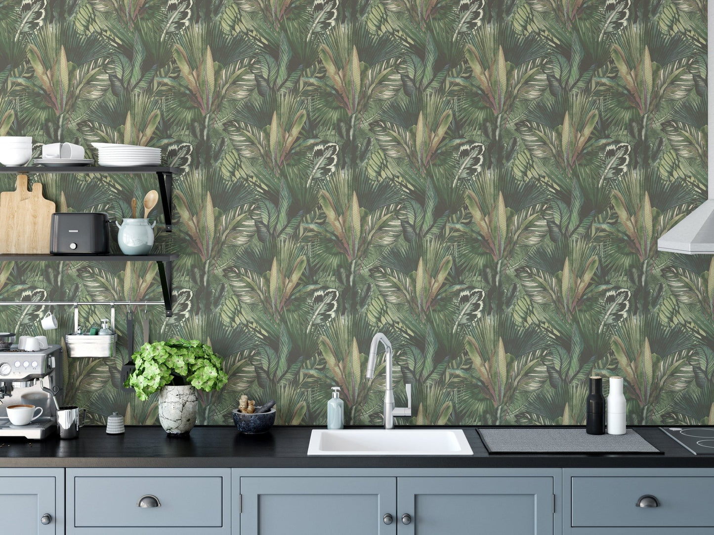 Tropical leaf mural with watercolor art B232