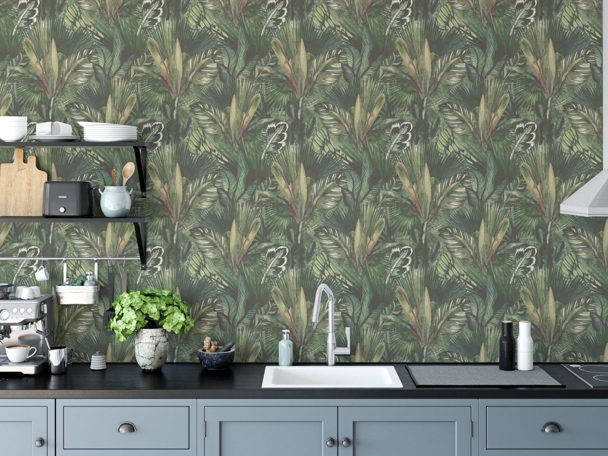 Tropical leaf mural with watercolor art B232